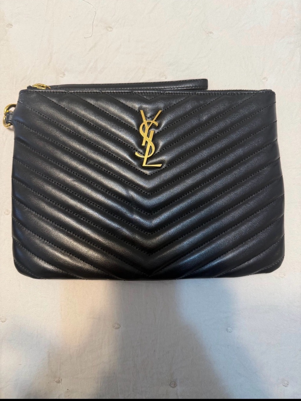 Saint Laurent Black Quilted Leather Wristlet with Gold YSL Emblem